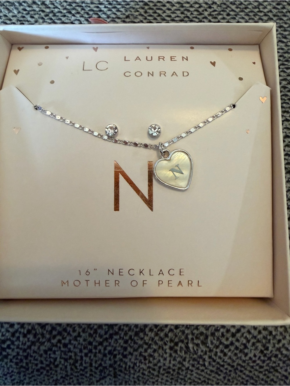 LC Lauren Conrad “N” Mother of Pearl Heart Necklace & Stud Earrings Set